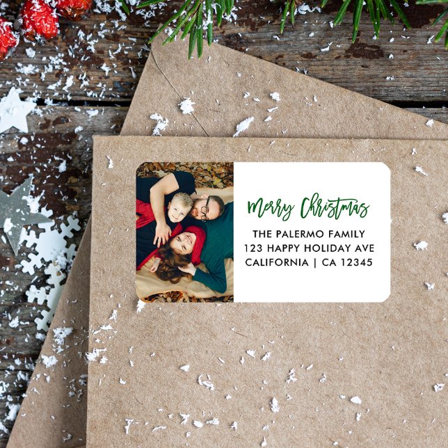 Green Merry Christmas Modern Typography photo  Label (Creator Uploaded)