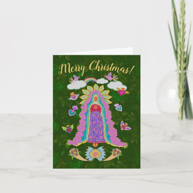 Green Merry Christmas Our Lady of Guadalupe Note Card (Front)