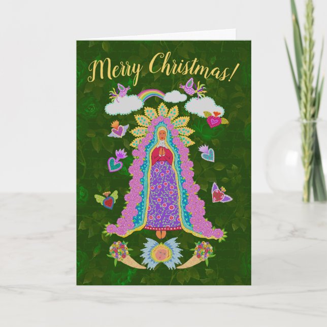 Green Merry Christmas Our Lady of Guadalupe Note Card (Front)
