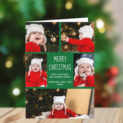 Green Merry Christmas Photo Collage Cute Folded Holiday Card