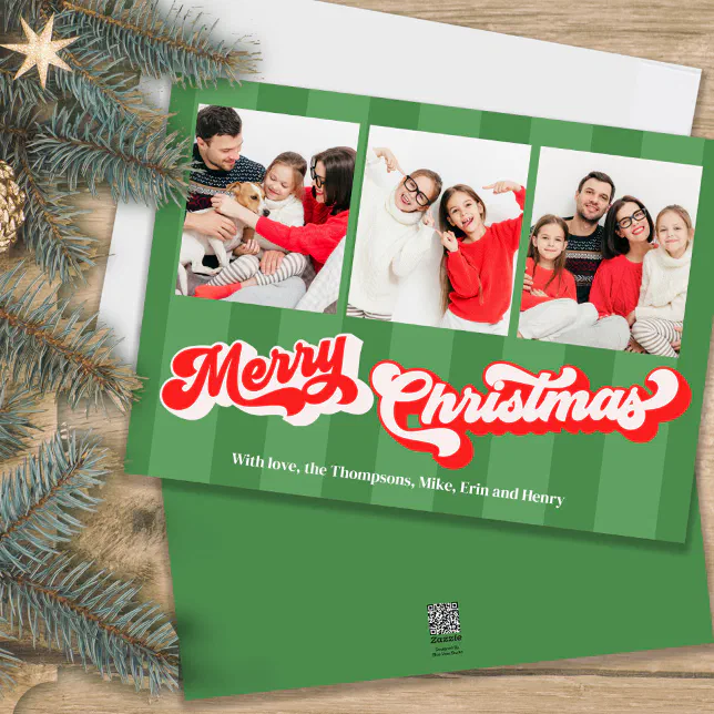 Green Merry Christmas Photo Collage Holiday Card
