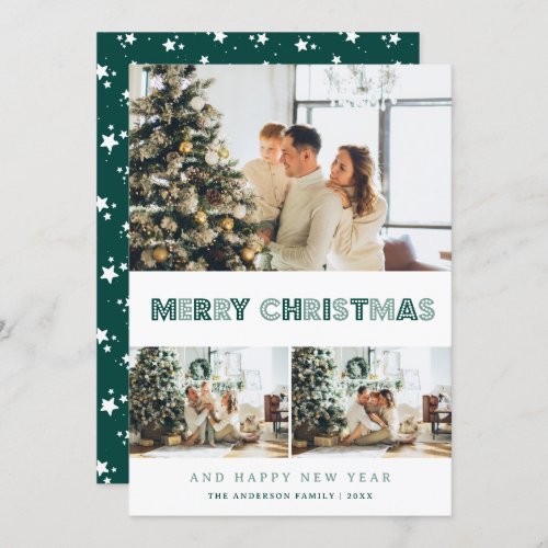 Green Merry Christmas Photo Collage Holiday Card