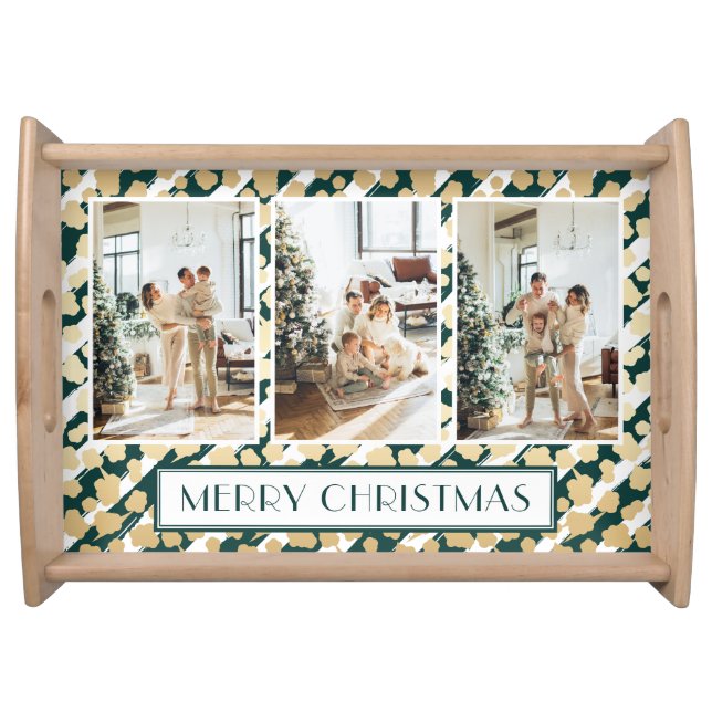 Green Merry Christmas Photo Collage Holiday Serving Tray (Front)