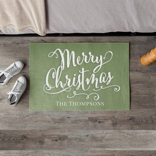 Green Merry Christmas Script Personalized Doormat (Merry Christmas holiday green doormat)