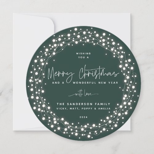 Green Merry Christmas Script Sparkling Lights Holiday Card
