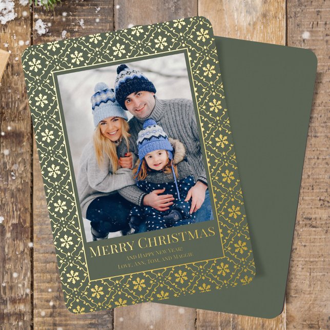 Green Merry Christmas Snowflake Gold Foil  Foil Holiday Card (Merry Christmas holiday photo card template with real gold foil. )