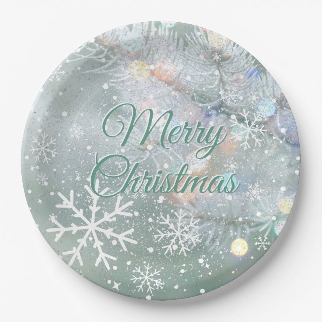 Green Merry Christmas Snowflakes  Paper Plates (Front)