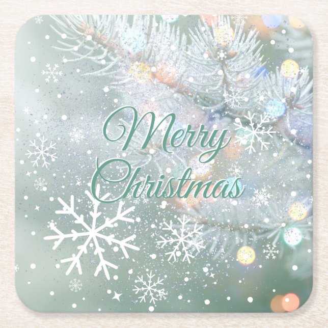 Green Merry Christmas Snowflakes  Square Paper Coaster (Front)