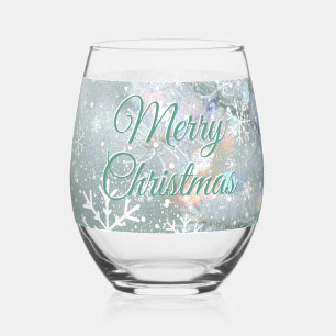 Green Merry Christmas Snowflakes Stemless Wine Glass