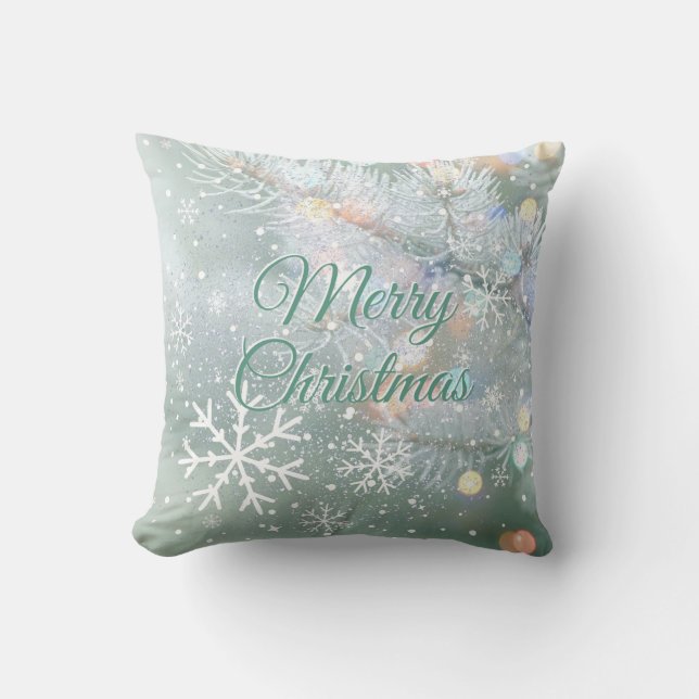 Green Merry Christmas Snowflakes  Throw Pillow (Front)