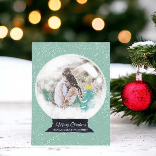 Green Merry Christmas snowglobe illustration photo Holiday Postcard