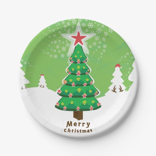 Green Merry Christmas Tree Paper Plates (Front)