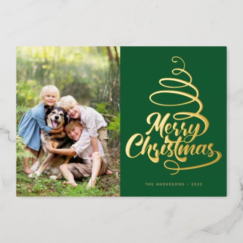 Green Merry Christmas Tree Photo Real Foil Holiday Card