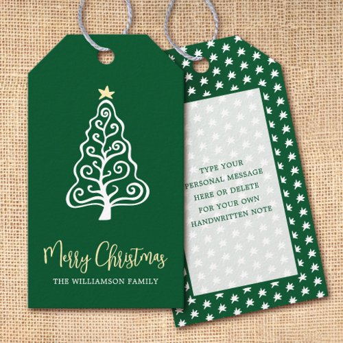 Green Merry Christmas Tree Whimsical Script Name Gift Tags