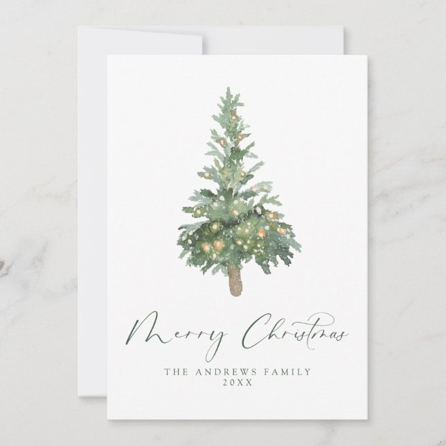 Green Merry Christmas Watercolor Tree Non-Photo Holiday Card (Front)