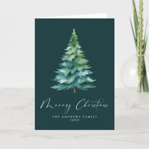 Green Merry Christmas Watercolor Tree Non_Photo Holiday Card