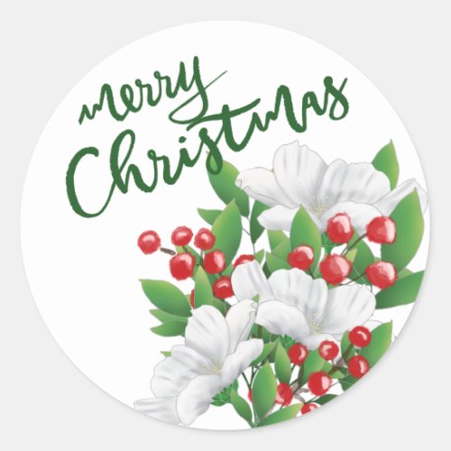 Green Merry Christmas White Red Green Floral Classic Round Sticker