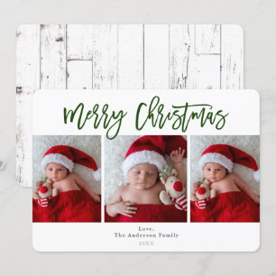 Green Merry Christmas White Wood Holiday Photo Invitation