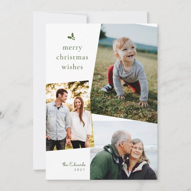 Green Merry Christmas Wishes Three Photo Card (Front)