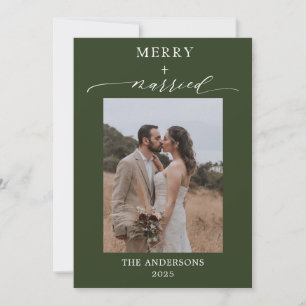 Green Merry Newlyweds 2 Photos Wedding Christmas Thank You Card