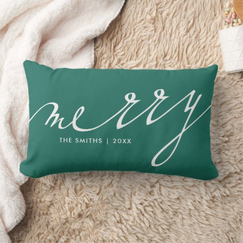 Green Merry Script Letters Christmas Custom Lumbar Pillow