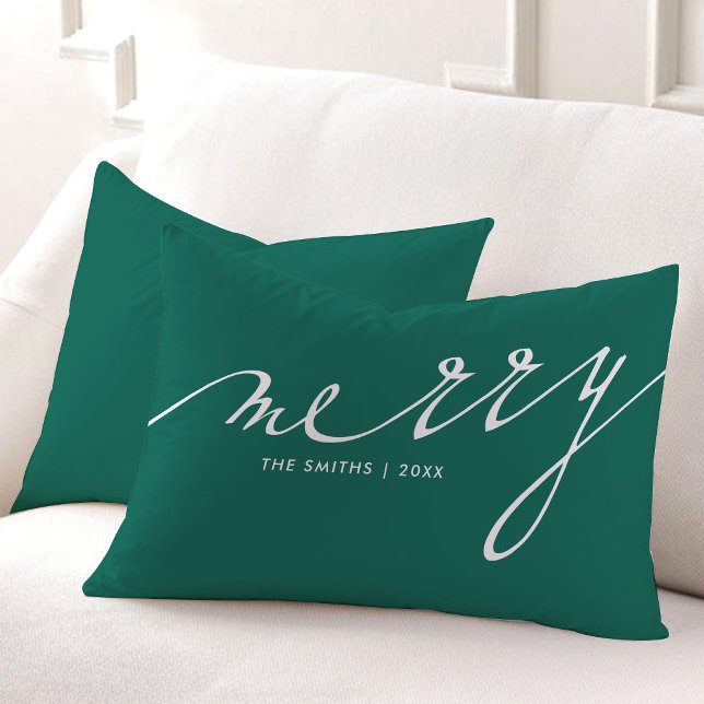 Green "Merry" Script Letters Christmas Custom Lumbar Pillow (Creator Uploaded)