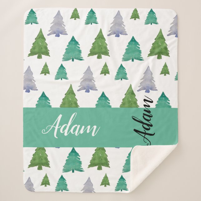Green Merry Tree Watercolor Monogrammed Sherpa Blanket (Front)