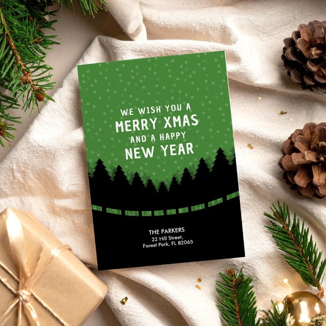 Green Merry Xmas with retro style forest and snow Card (Creator Uploaded)