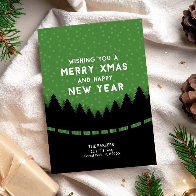Green Merry Xmas with trees and snow Card (Creator Uploaded)