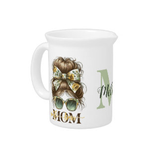Green Messy Bun Mom Wife Boss Beverage Pitcher