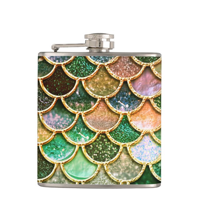 Green Metal Foil Glitter Gold Mermaid Scales Flask (Front)