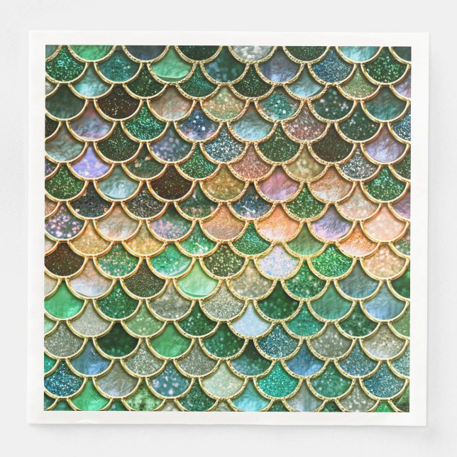 Green Metal Foil Glitter Gold Mermaid Scales Paper Dinner Napkins (Front)