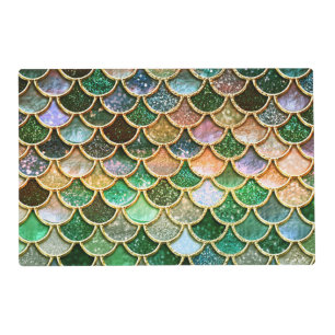Green Metal Foil Glitter Gold Mermaid Scales Placemat