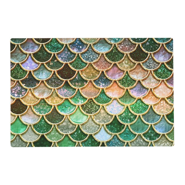 Green Metal Foil Glitter Gold Mermaid Scales Placemat (Front)
