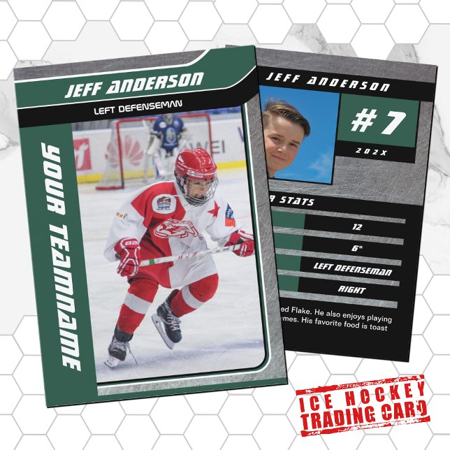 Green Metal Ice Hockey Trading Card (Hockey Trading Card with custom team name and hockey player name in Green and Black)