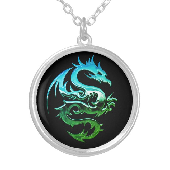 Green Metallic Dragon  Silver Plated Necklace (Front)