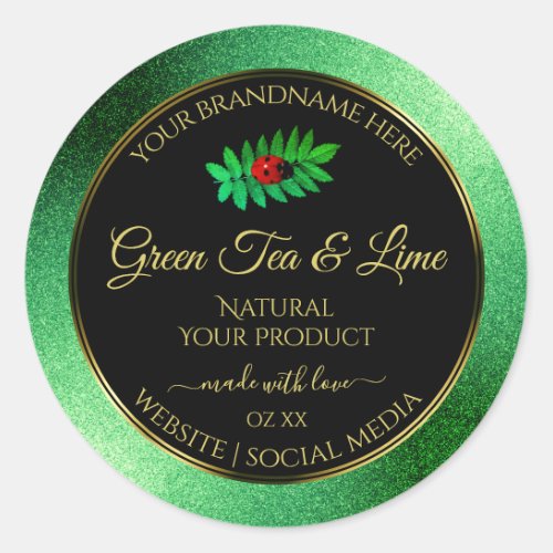 Green Metallic Glitter Black Product Label Ladybug