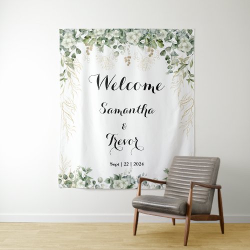 Green  Metallic Gold Blooms A Wedding Welcome  Tapestry