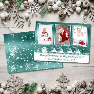 Green Metallic Sleigh Snow Photo Christmas Card