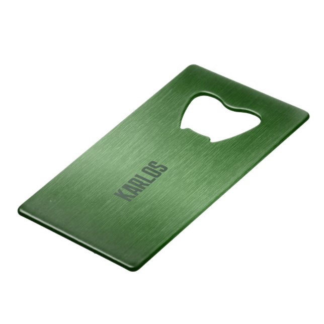 Green metallic texture credit card bottle opener (Back Angled)