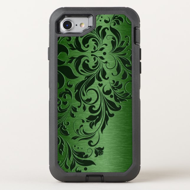 Green Metallic Texture & Floral Lace Accent Otterbox iPhone Case (Back)