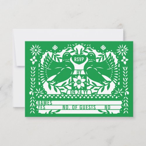 Green Mexican Fantail Doves Papel Picado RSVP Invitation