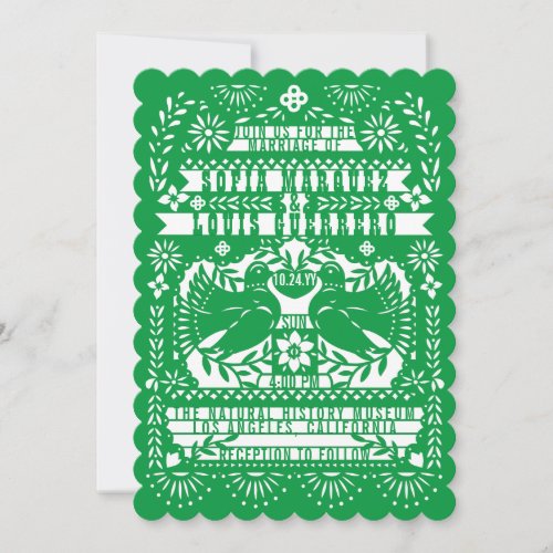 Green Mexican Fantail Doves Papel Picado Wedding Invitation