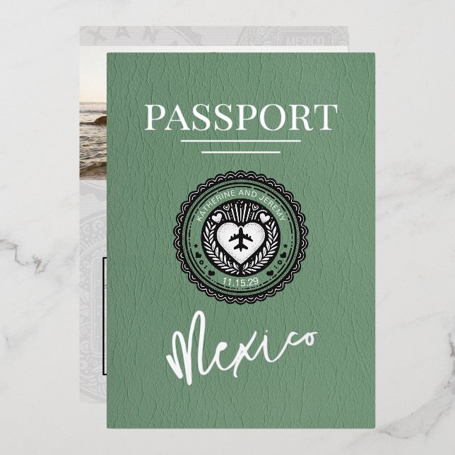 Green Mexico Passport Wedding Foil Invitation (Front/Back)