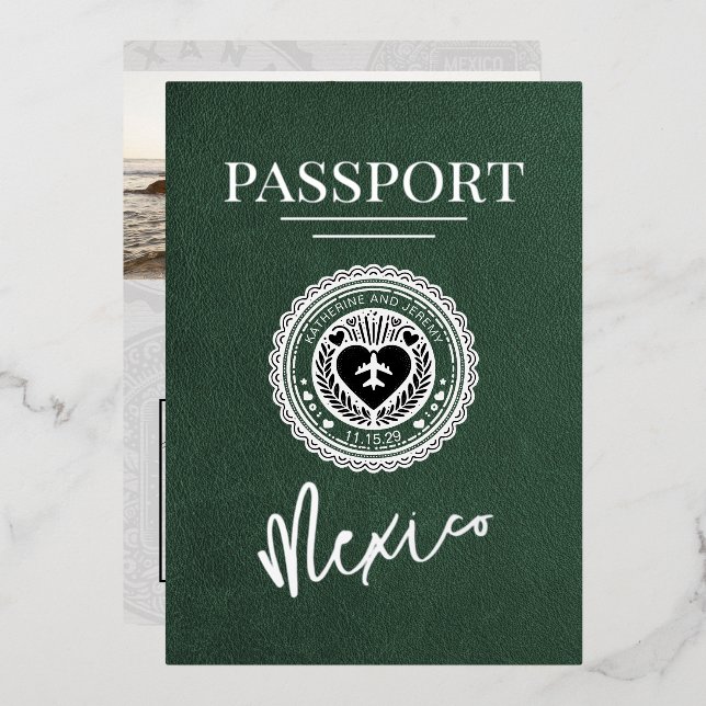 Green Mexico Passport Wedding Foil Invitation (Front/Back)