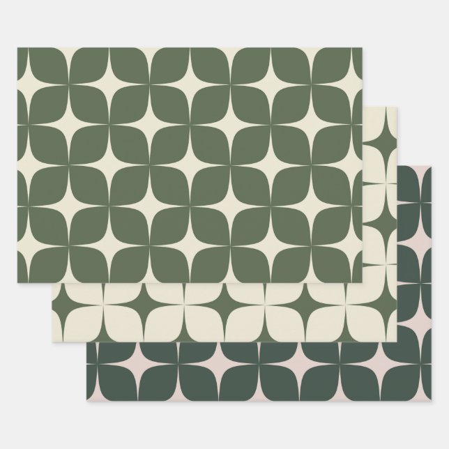 Green Mid Century Modern Elegant Geometric Boho  Wrapping Paper Sheets (Set)