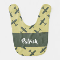 Green military airplane on brown baby bib