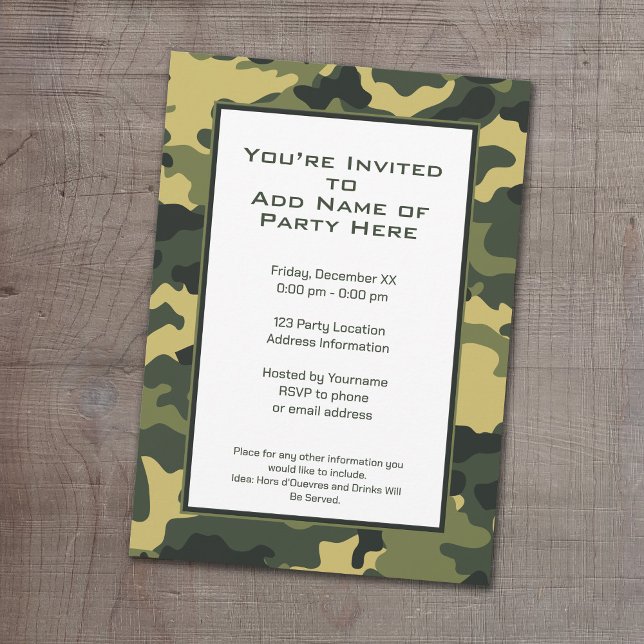 Green Military Camouflage Party Invitation (Camouflage Birthday Party, Military graduation or cocktail party invitation.)