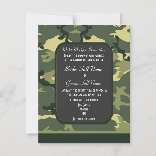 Green military camouflage wedding invitation (Front)