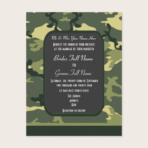 Green military camouflage wedding invitation